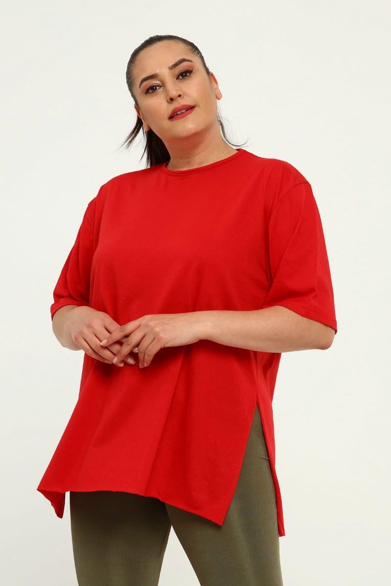 Tshirt Büyük Beden Yırtmaçlı Basic T-Shirt Kırmızı