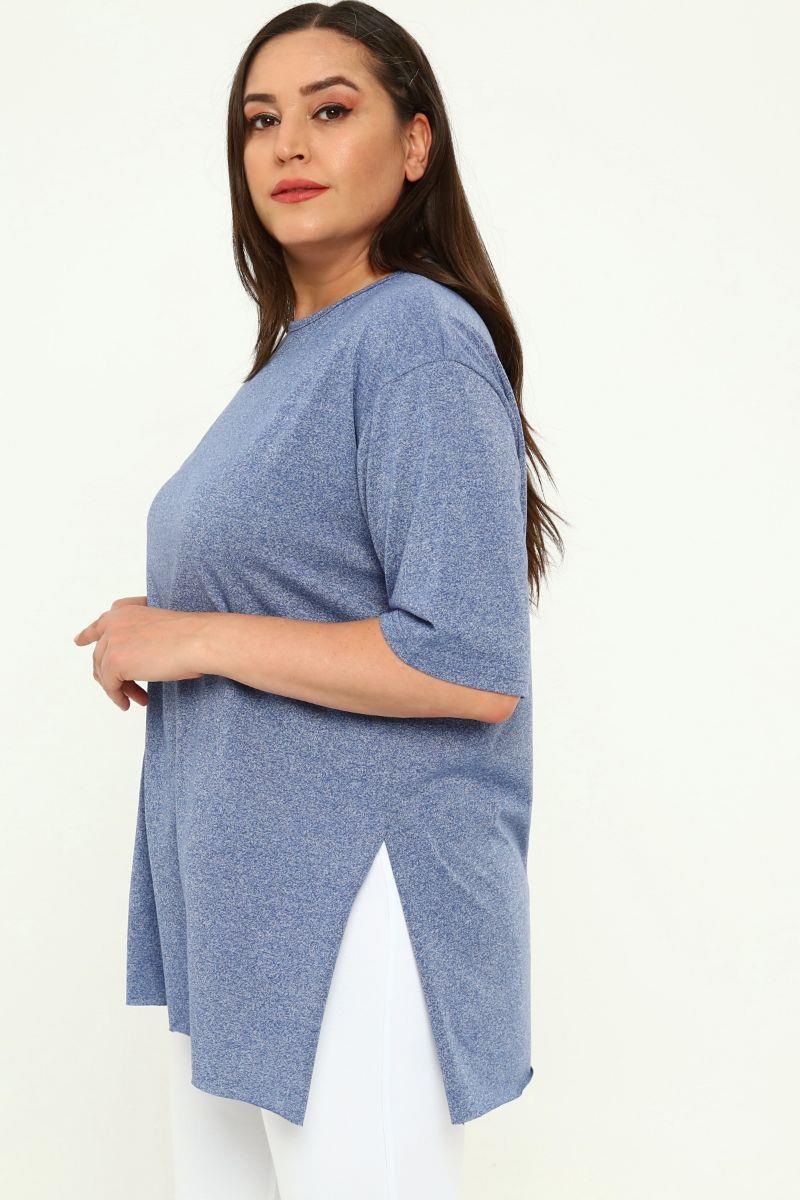 Tshirt Büyük Beden Yırtmaçlı Basic T-Shirt Koyu Mavi