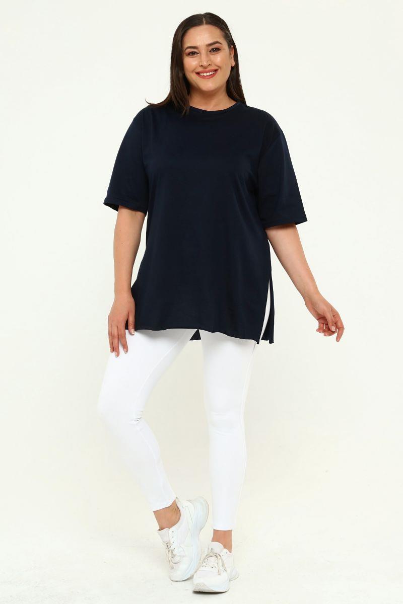 Tshirt Büyük Beden Yırtmaçlı Basic T-Shirt Lacivert