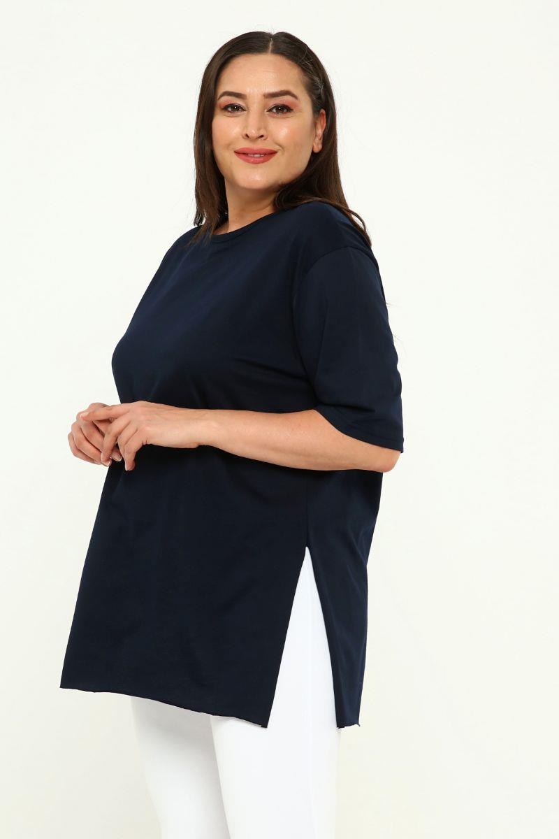 Tshirt Büyük Beden Yırtmaçlı Basic T-Shirt Lacivert