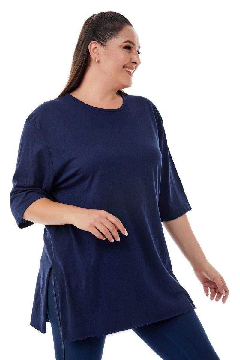 Tshirt Büyük Beden Yırtmaçlı Basic T-Shirt Lacivert