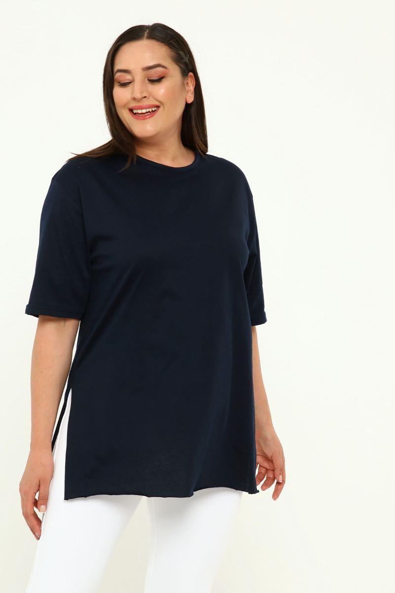 Tshirt Büyük Beden Yırtmaçlı Basic T-Shirt Lacivert