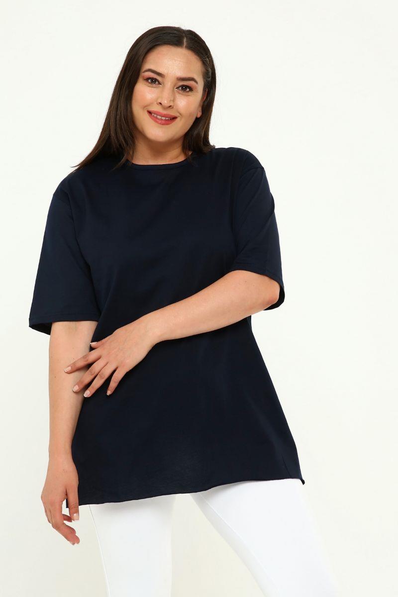 Tshirt Büyük Beden Yırtmaçlı Basic T-Shirt Lacivert