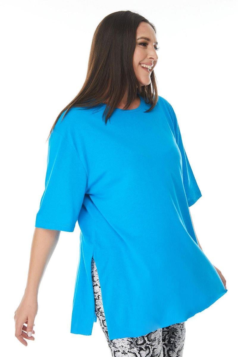 Tshirt Büyük Beden Yırtmaçlı Basic T-Shirt Mavi