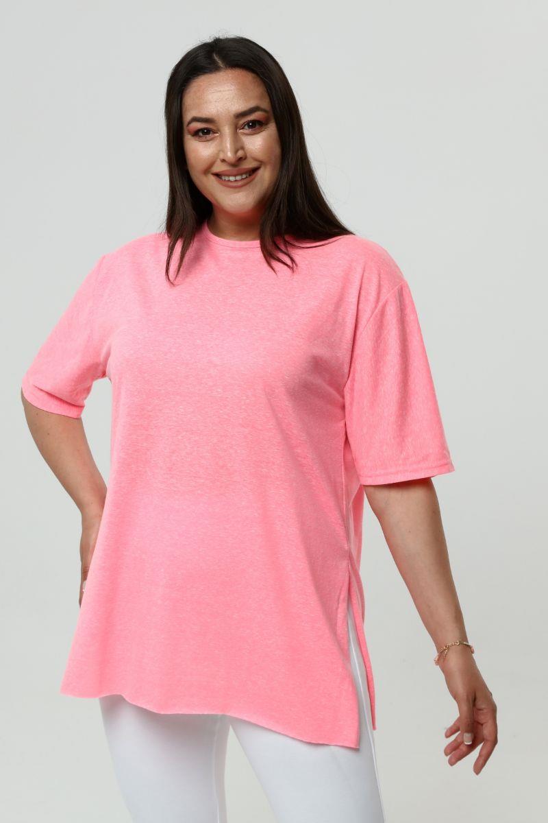 Tshirt Büyük Beden Yırtmaçlı Basic T-Shirt Neon Pembe