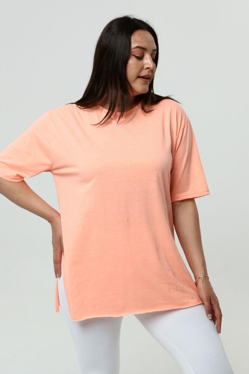 Tshirt Büyük Beden Yırtmaçlı Basic T-Shirt Neon Yavruağzı