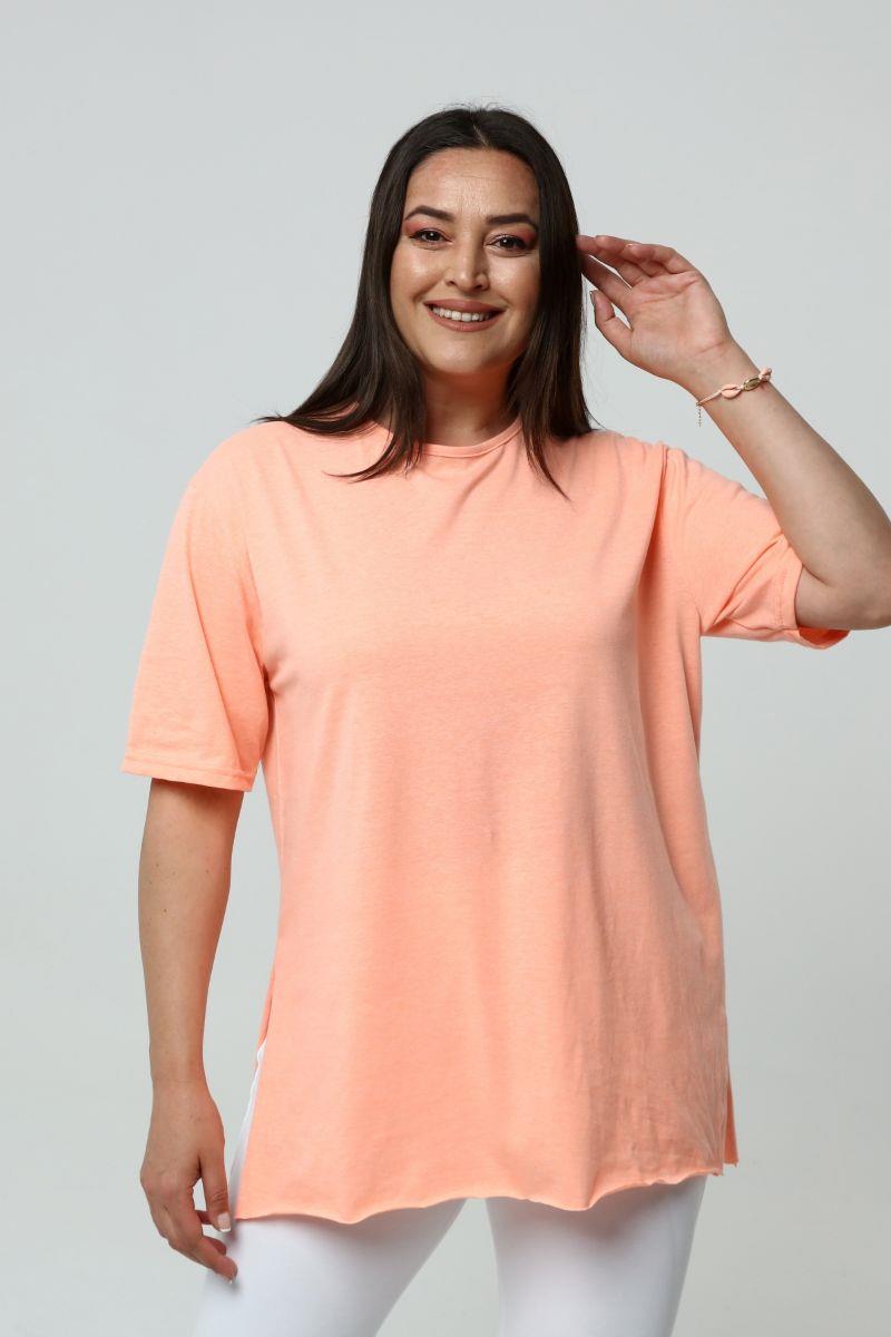 Tshirt Büyük Beden Yırtmaçlı Basic T-Shirt Neon Yavruağzı