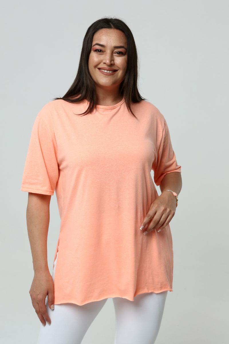 Tshirt Büyük Beden Yırtmaçlı Basic T-Shirt Neon Yavruağzı