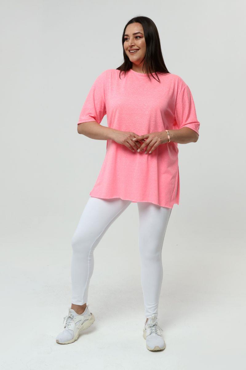 Tshirt Büyük Beden Yırtmaçlı Basic T-Shirt Neon Pembe