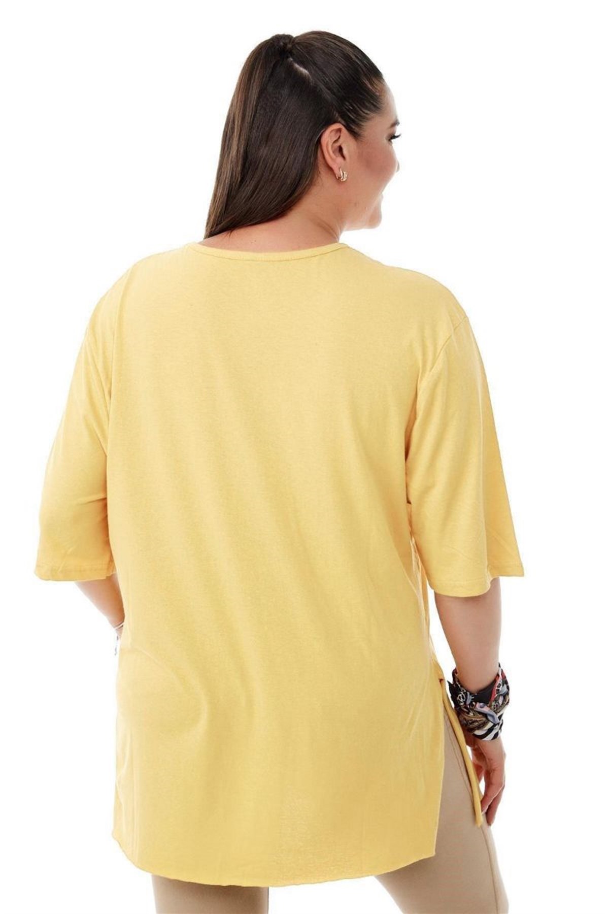 Tshirt Büyük Beden Yırtmaçlı Basic T-Shirt Sarı