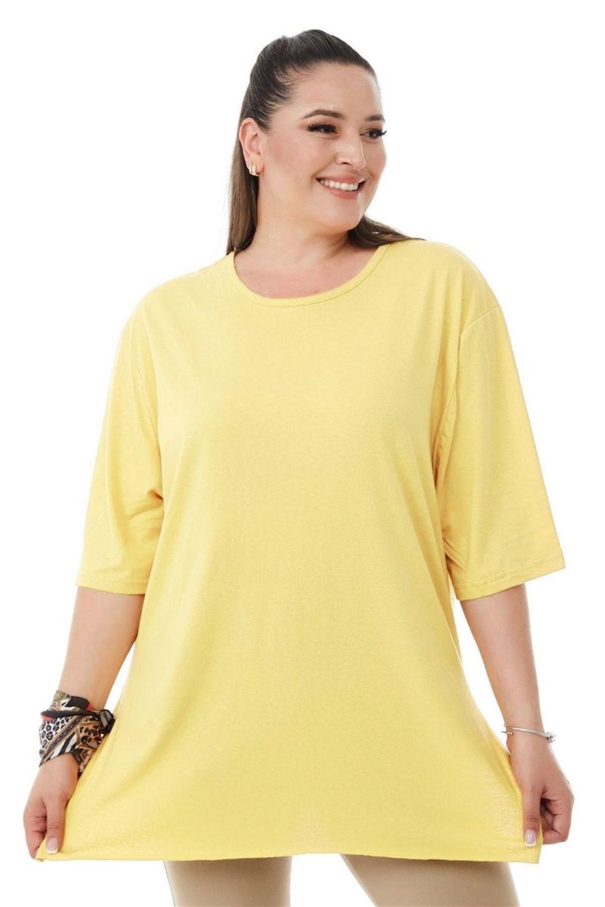 Tshirt Büyük Beden Yırtmaçlı Basic T-Shirt Sarı