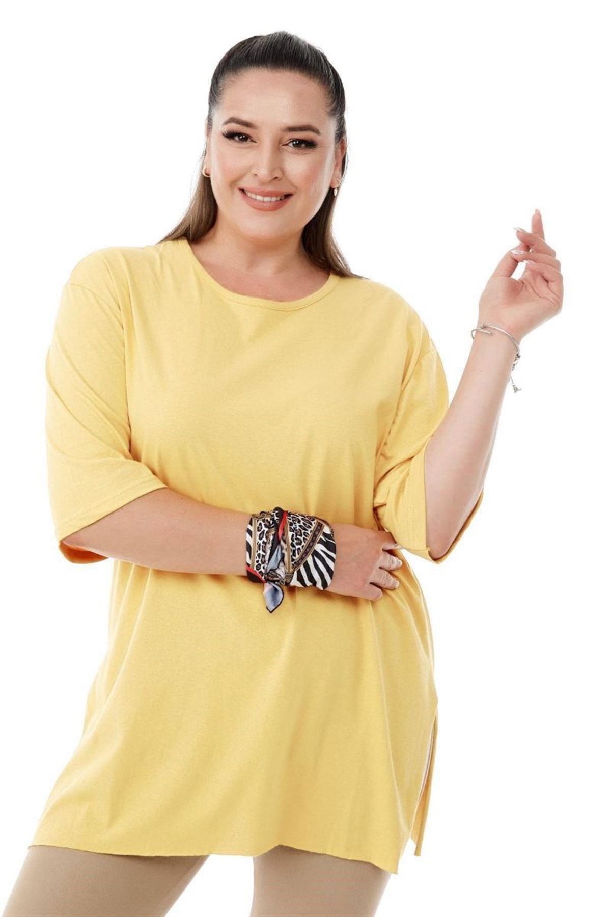 Tshirt Büyük Beden Yırtmaçlı Basic T-Shirt Sarı