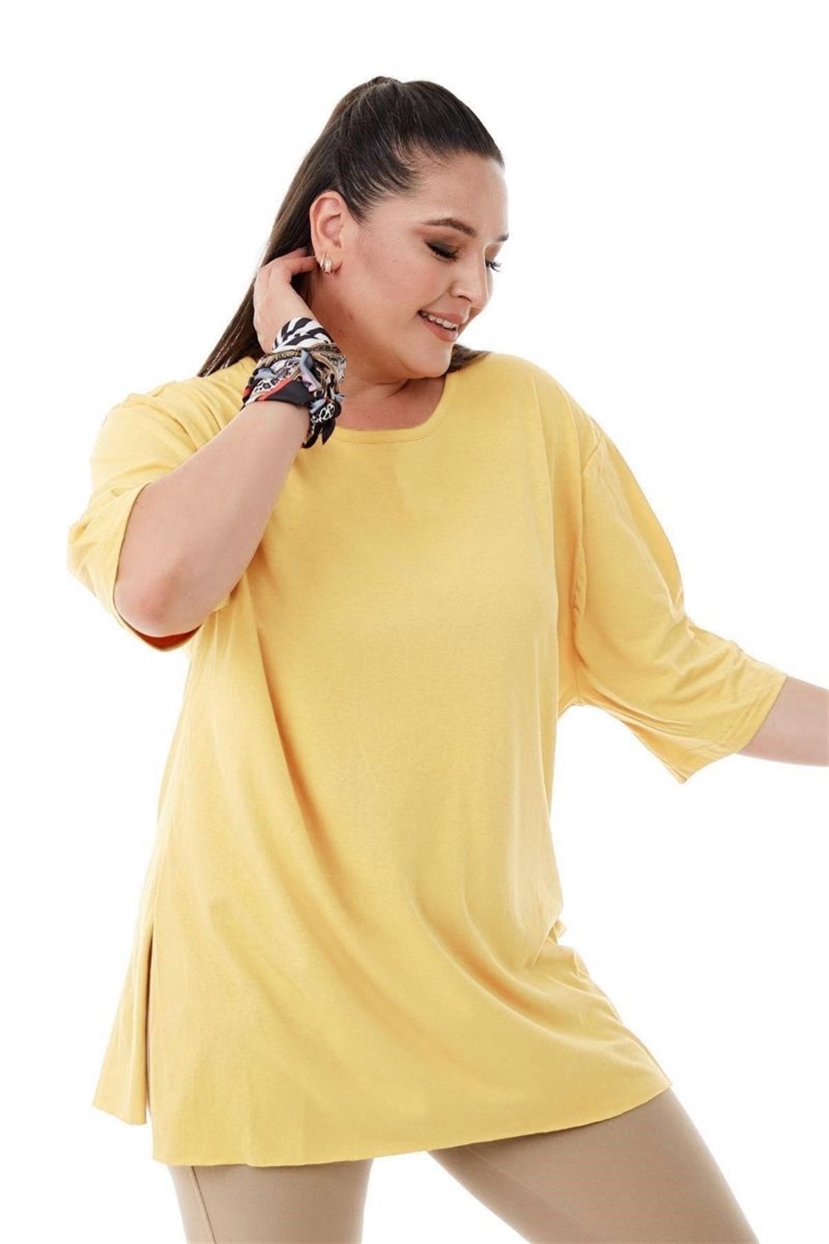 Tshirt Büyük Beden Yırtmaçlı Basic T-Shirt Sarı
