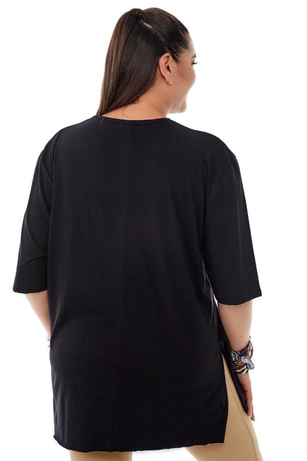Tshirt Büyük Beden Yırtmaçlı Basic T-Shirt Siyah