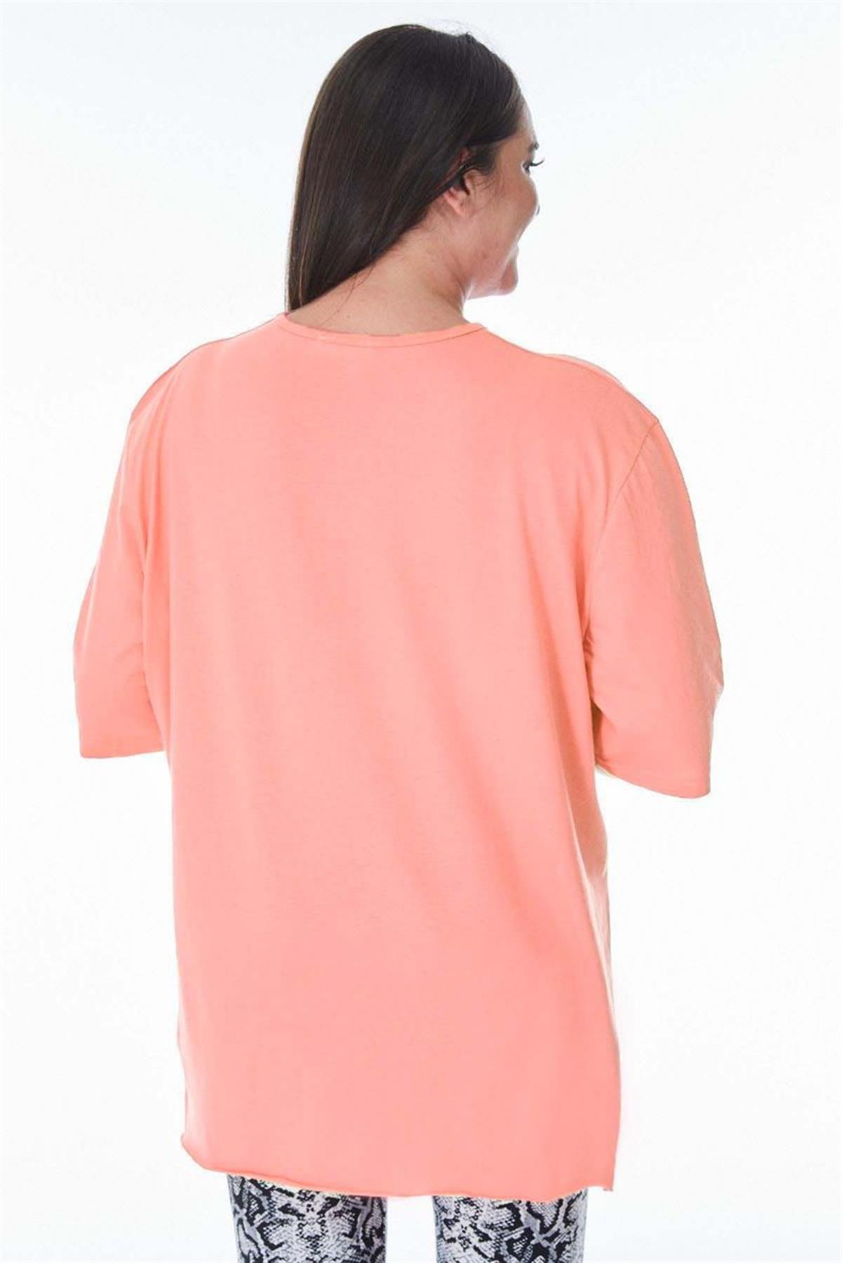 Tshirt Büyük Beden Yırtmaçlı Basic T-Shirt Somon