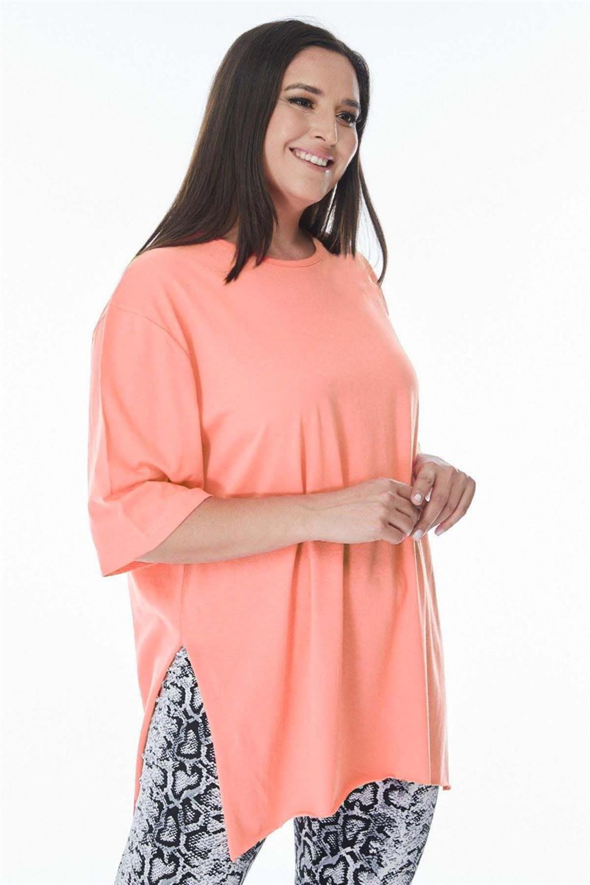 Tshirt Büyük Beden Yırtmaçlı Basic T-Shirt Somon