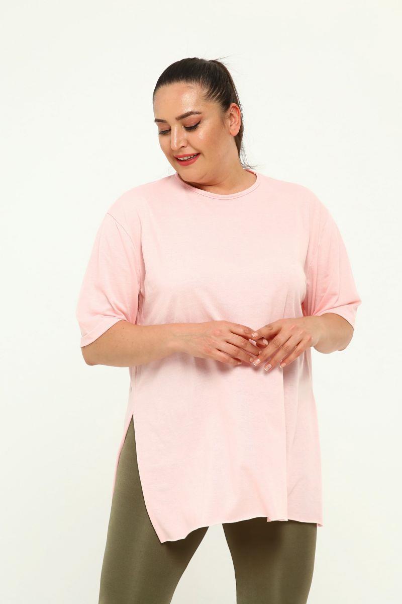 Tshirt Büyük Beden Yırtmaçlı Basic T-Shirt Yavruağzı