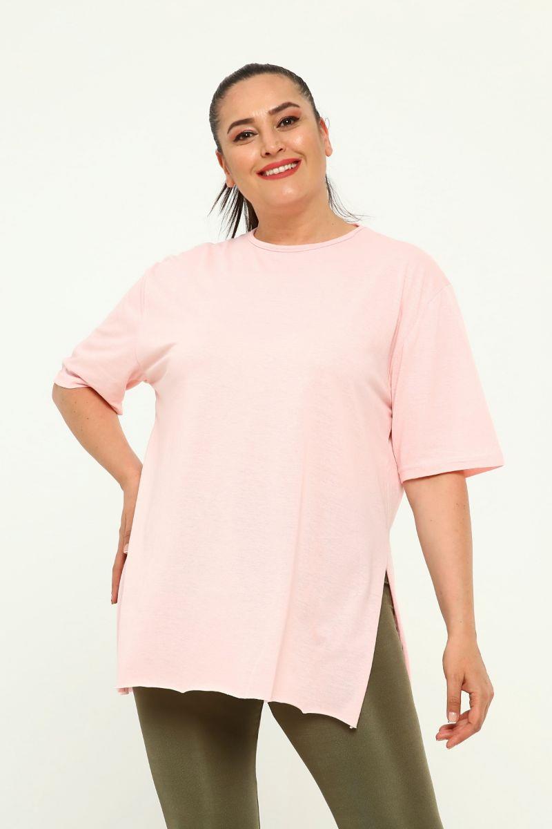 Tshirt Büyük Beden Yırtmaçlı Basic T-Shirt Yavruağzı