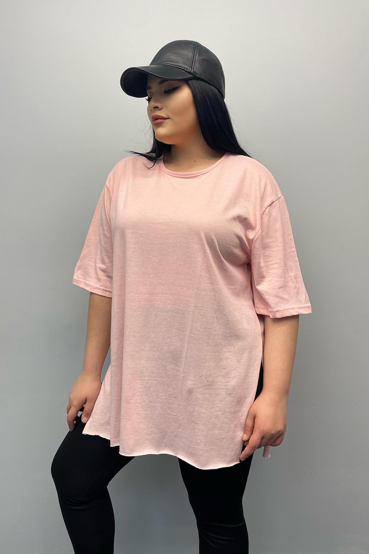 Tshirt Büyük Beden Yırtmaçlı Pamuklu Yarım Kol Basıc T-shirt