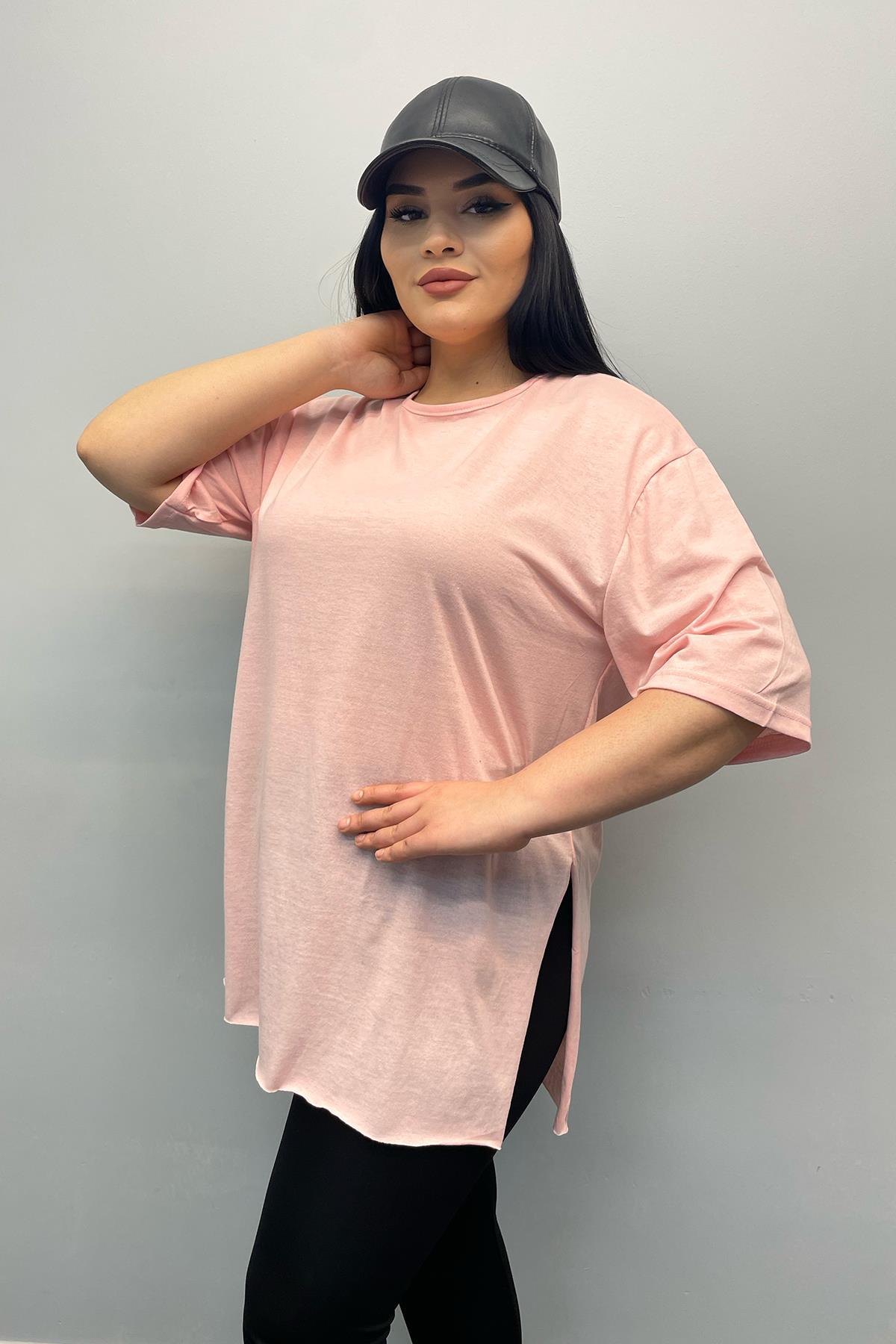 Tshirt Büyük Beden Yırtmaçlı Pamuklu Yarım Kol Basıc T-shirt
