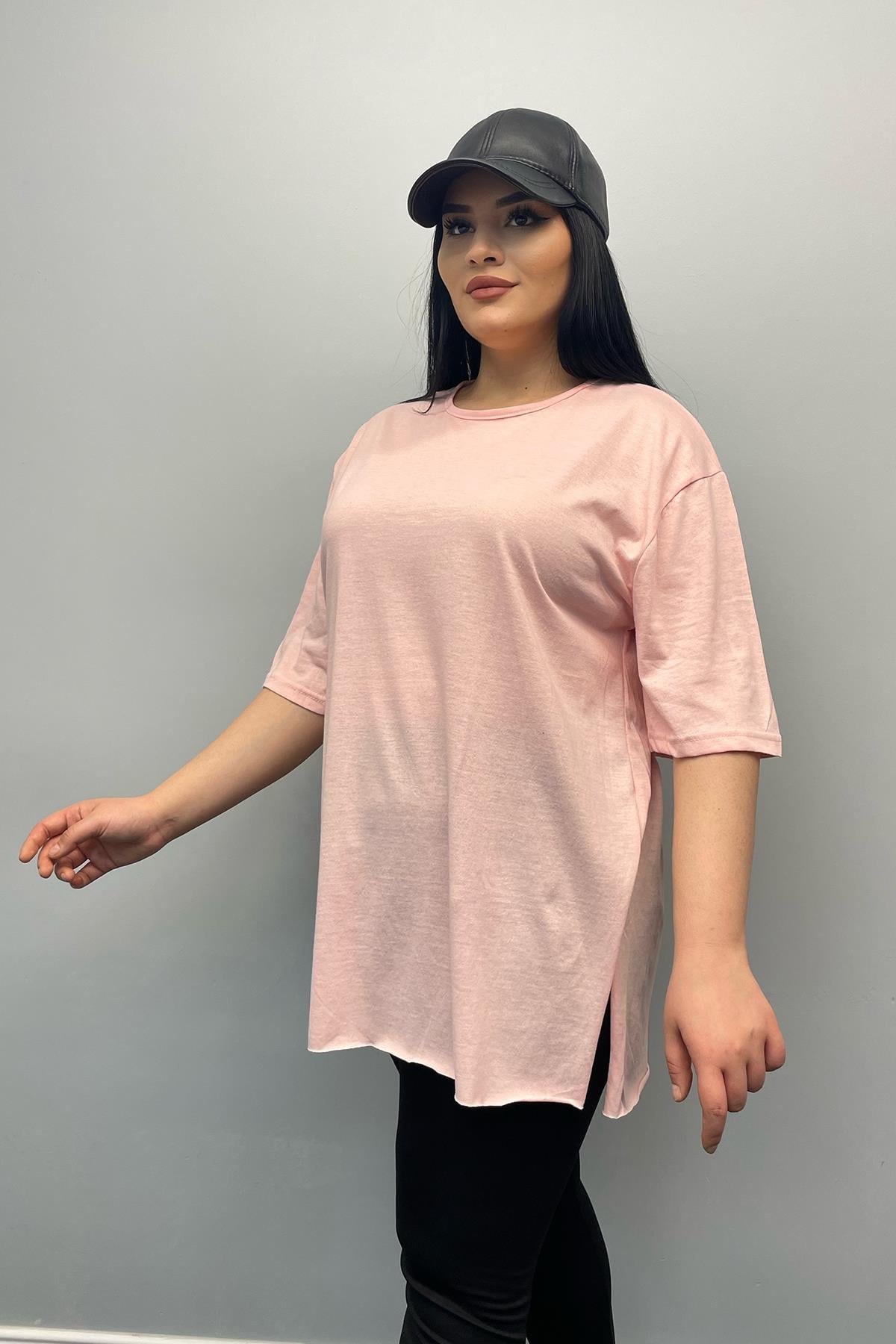 Tshirt Büyük Beden Yırtmaçlı Pamuklu Yarım Kol Basıc T-shirt