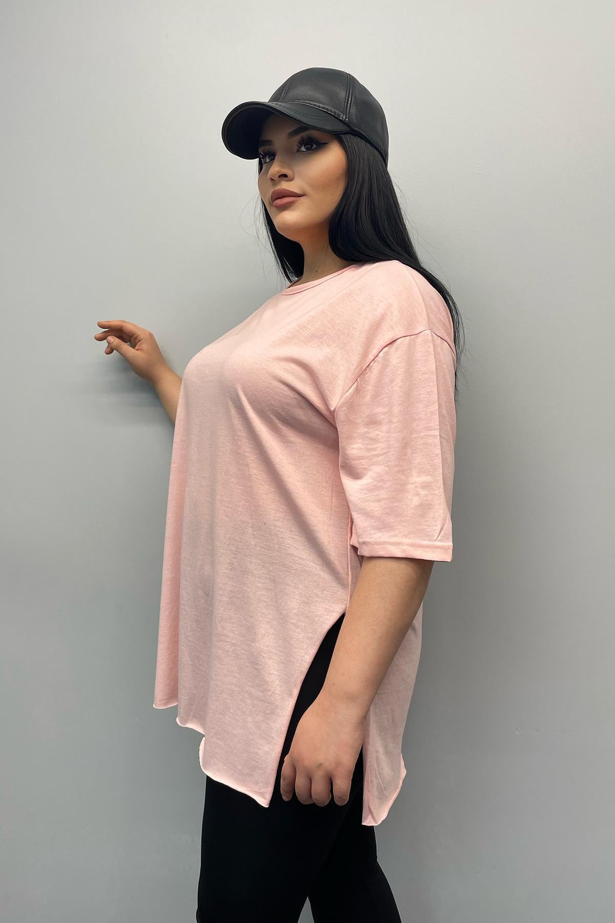 Tshirt Büyük Beden Yırtmaçlı Pamuklu Yarım Kol Basıc T-shirt