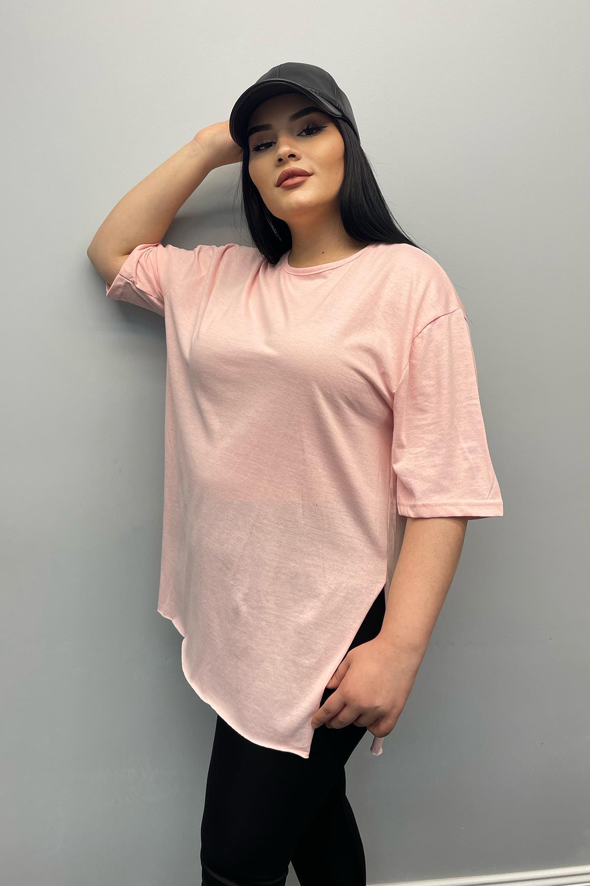 Tshirt Büyük Beden Yırtmaçlı Pamuklu Yarım Kol Basıc T-shirt