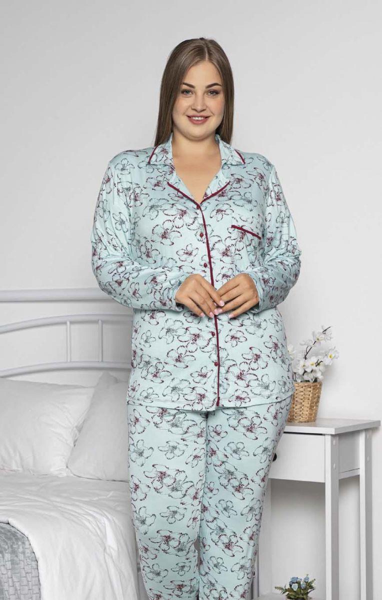 Pijama Takımı Büyük Beden Zambak Baskılı Düğmeli Cepli Maskülen Pijama Takımı Yeşil