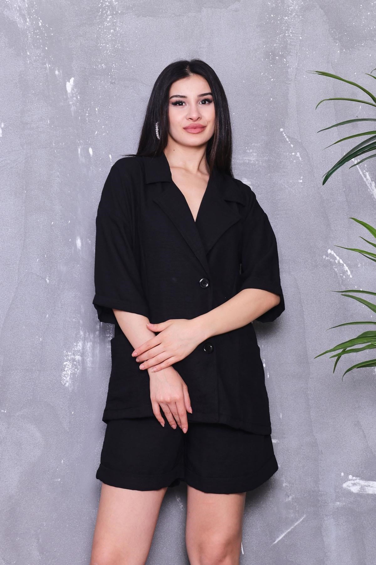 İkili Takım Ceket Şortlu Keten Takım