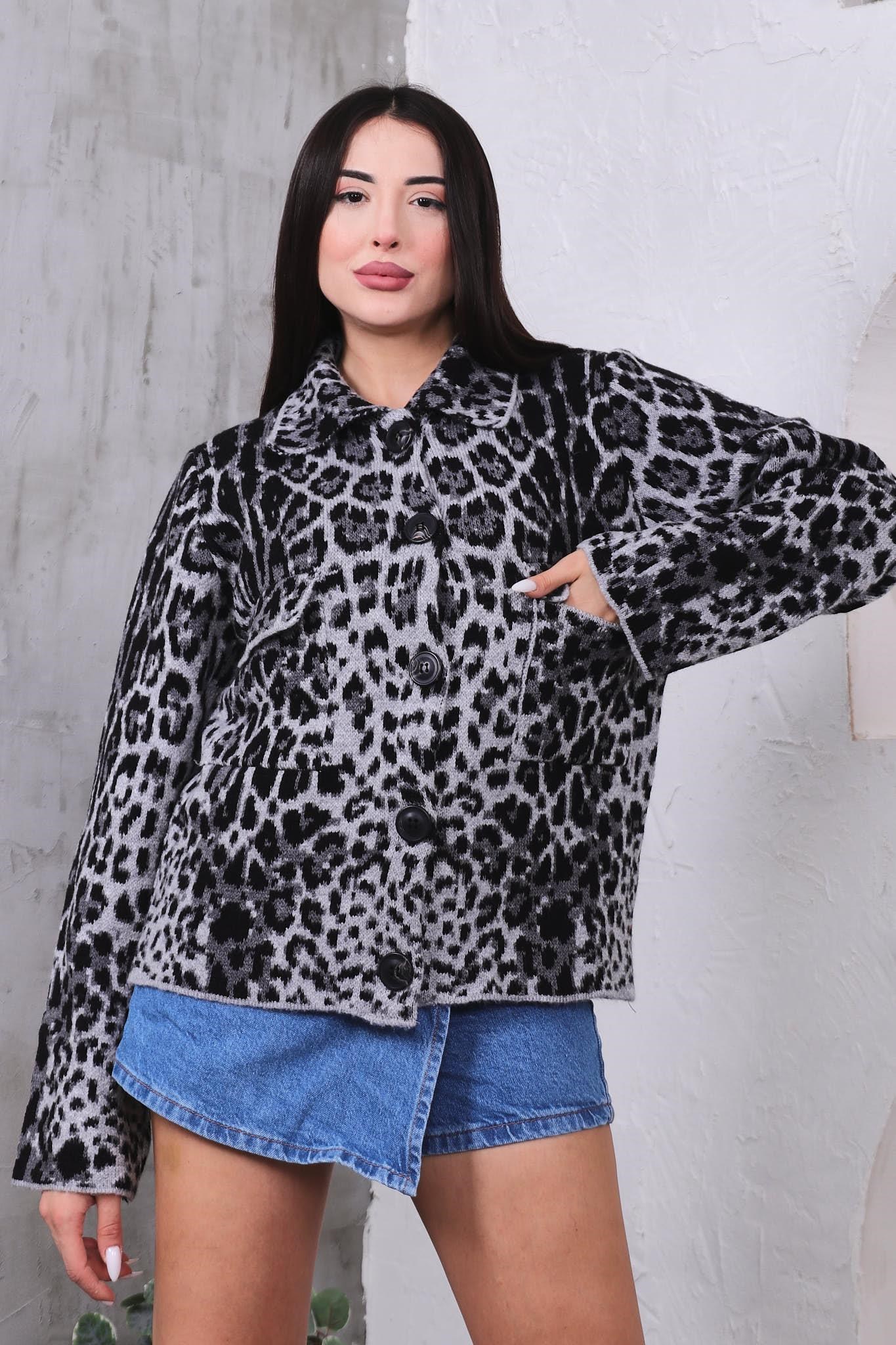 Hırka Cepli Leopar Hırka