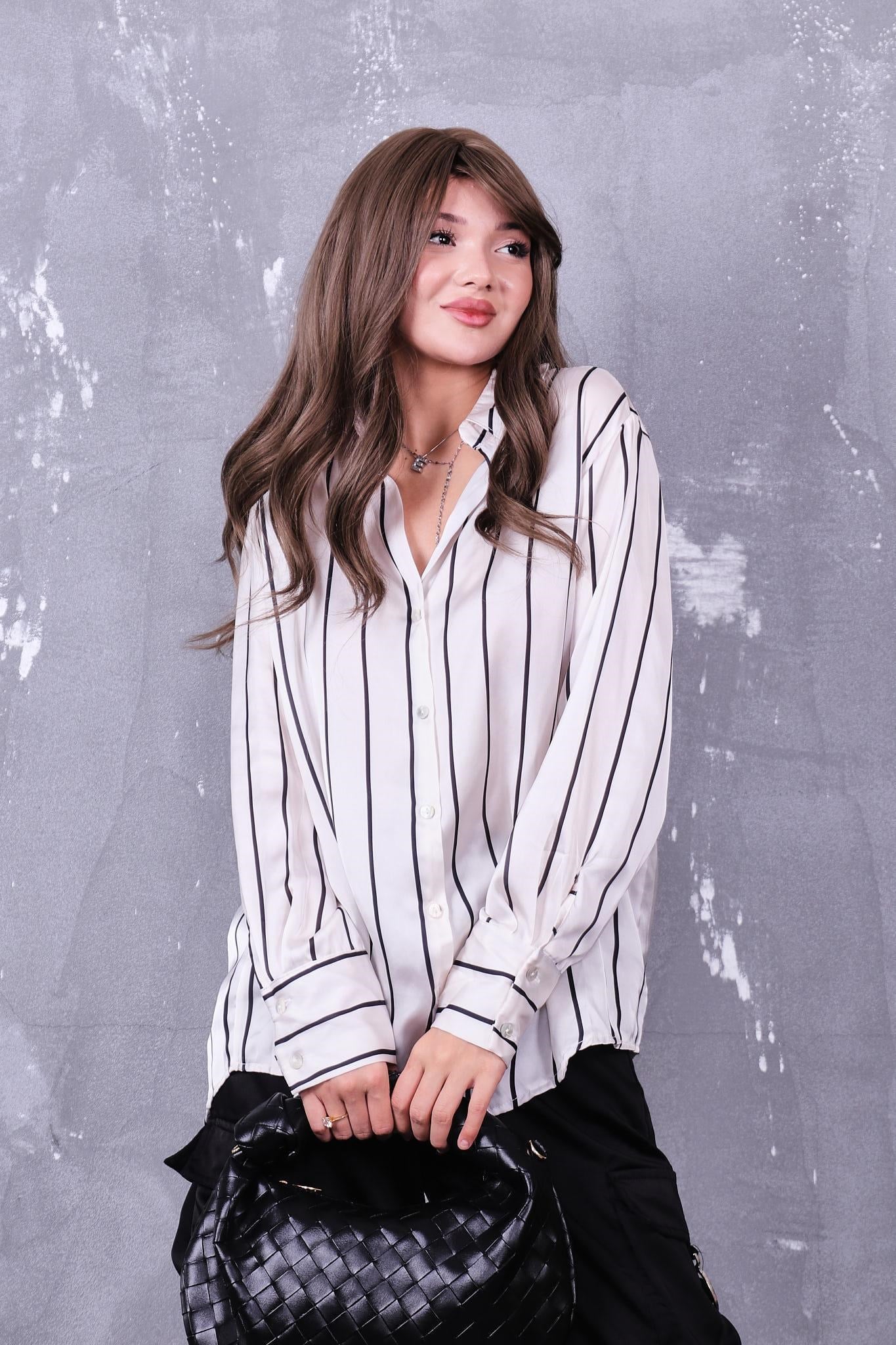 Gömlek Çizgili Oversize Saten Gömlek