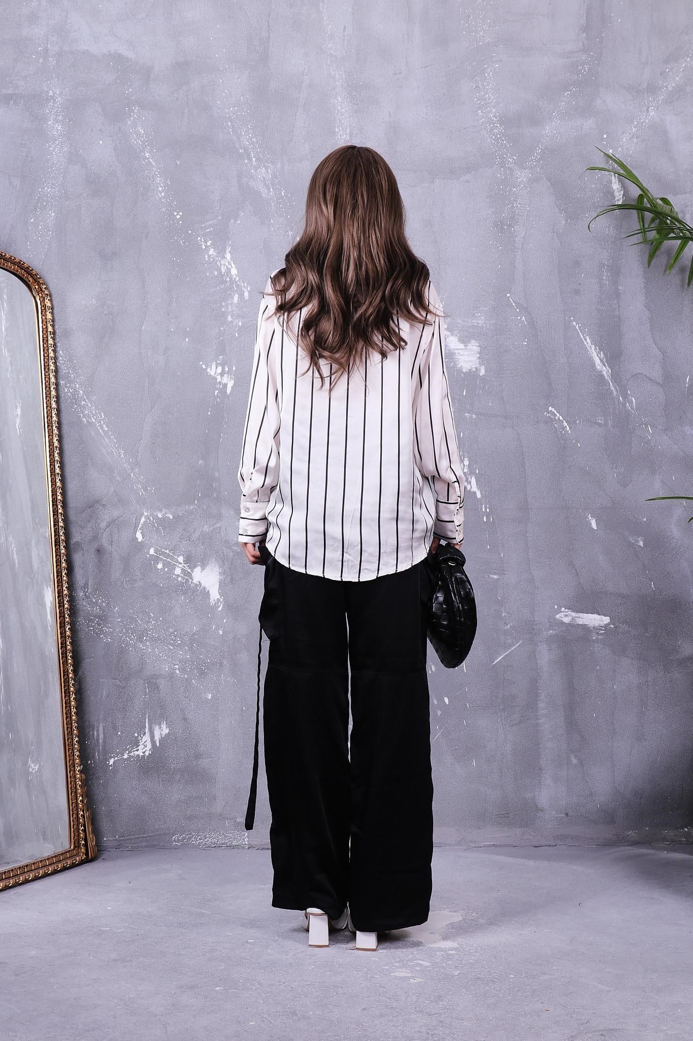 Gömlek Çizgili Oversize Saten Gömlek