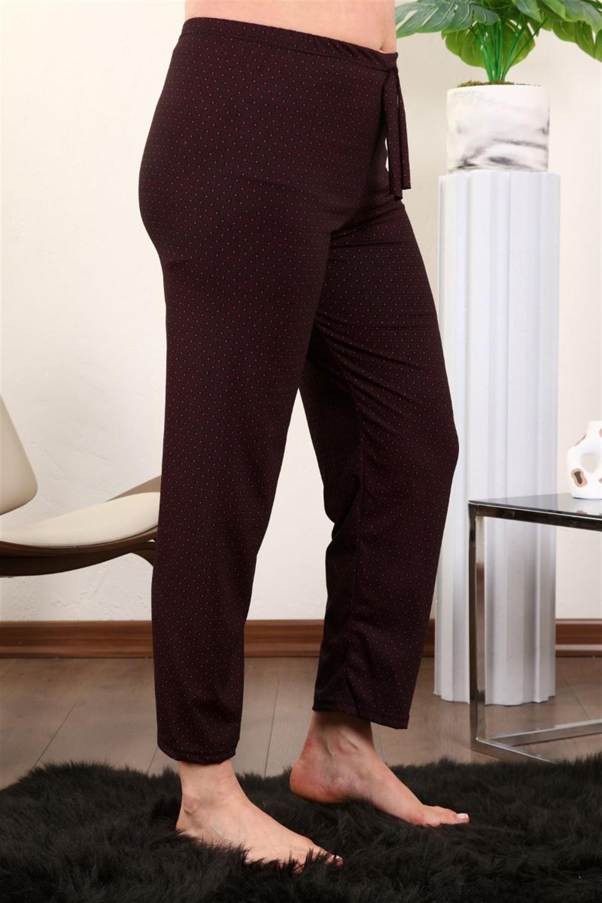 Pantolon Desenli Beli Lastikli Viskon Pantolon Bordo