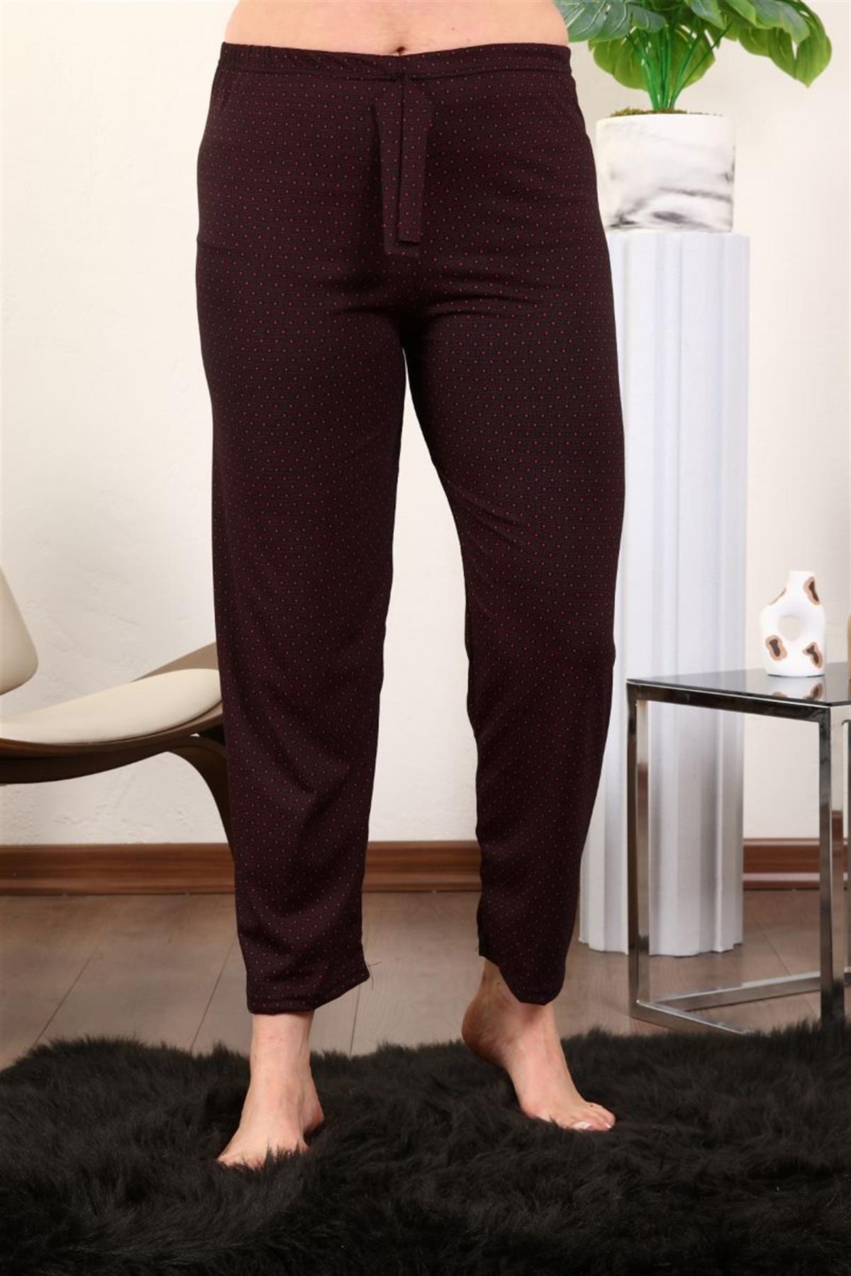 Pantolon Desenli Beli Lastikli Viskon Pantolon Bordo