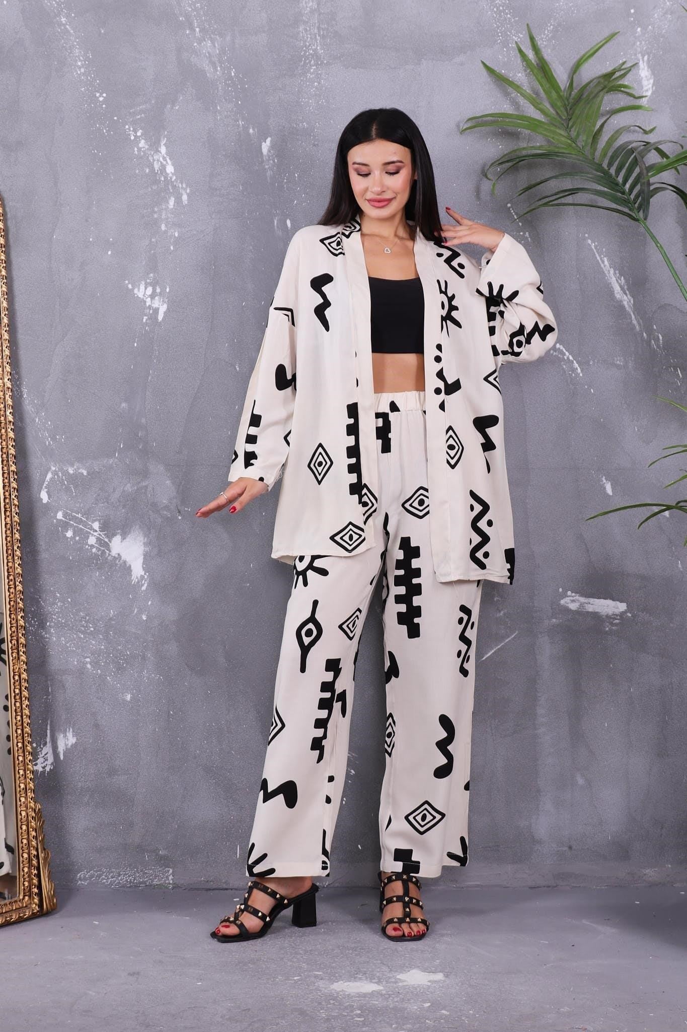 İkili Takım Desenli Kimono Takım