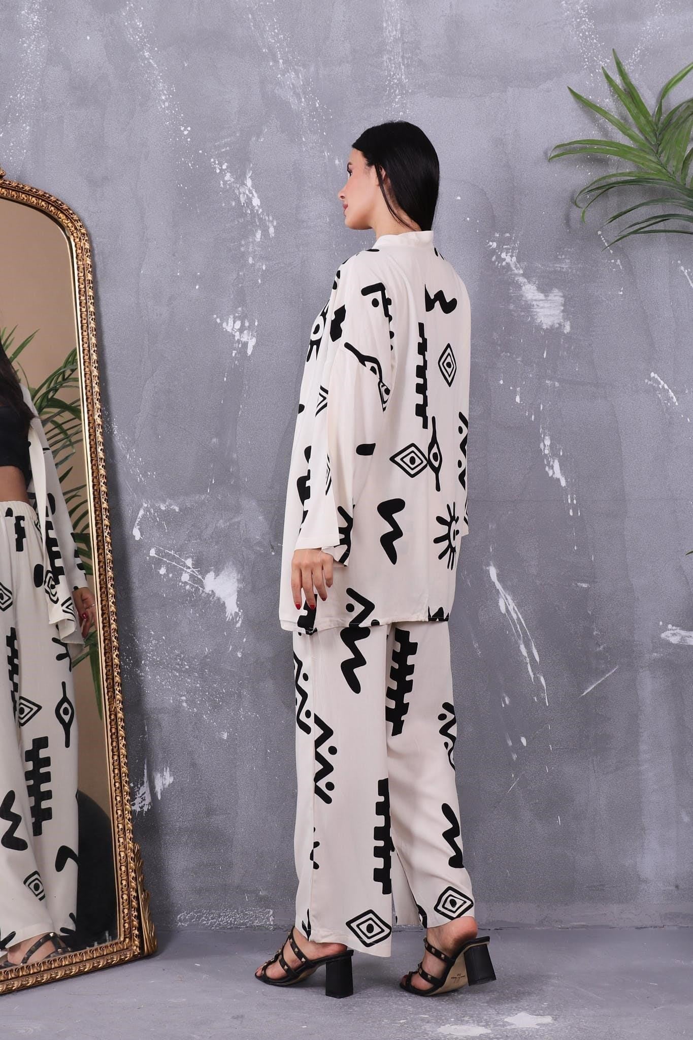 İkili Takım Desenli Kimono Takım