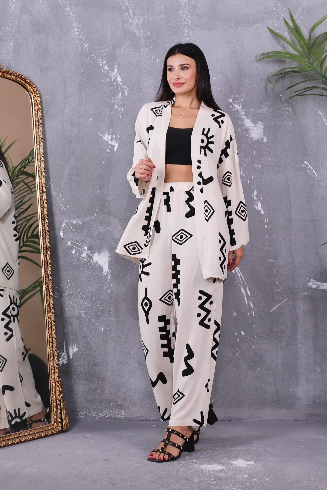 İkili Takım Desenli Kimono Takım