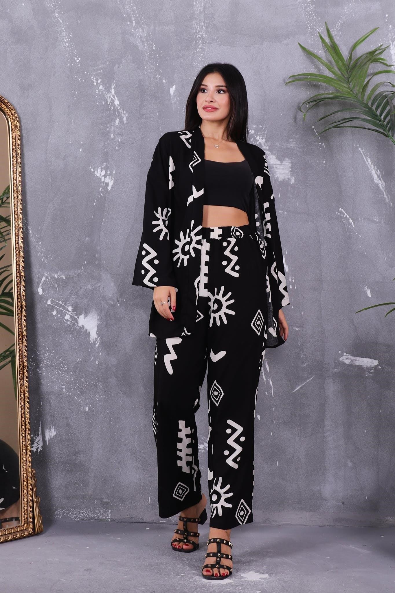 İkili Takım Desenli Kimono Takım