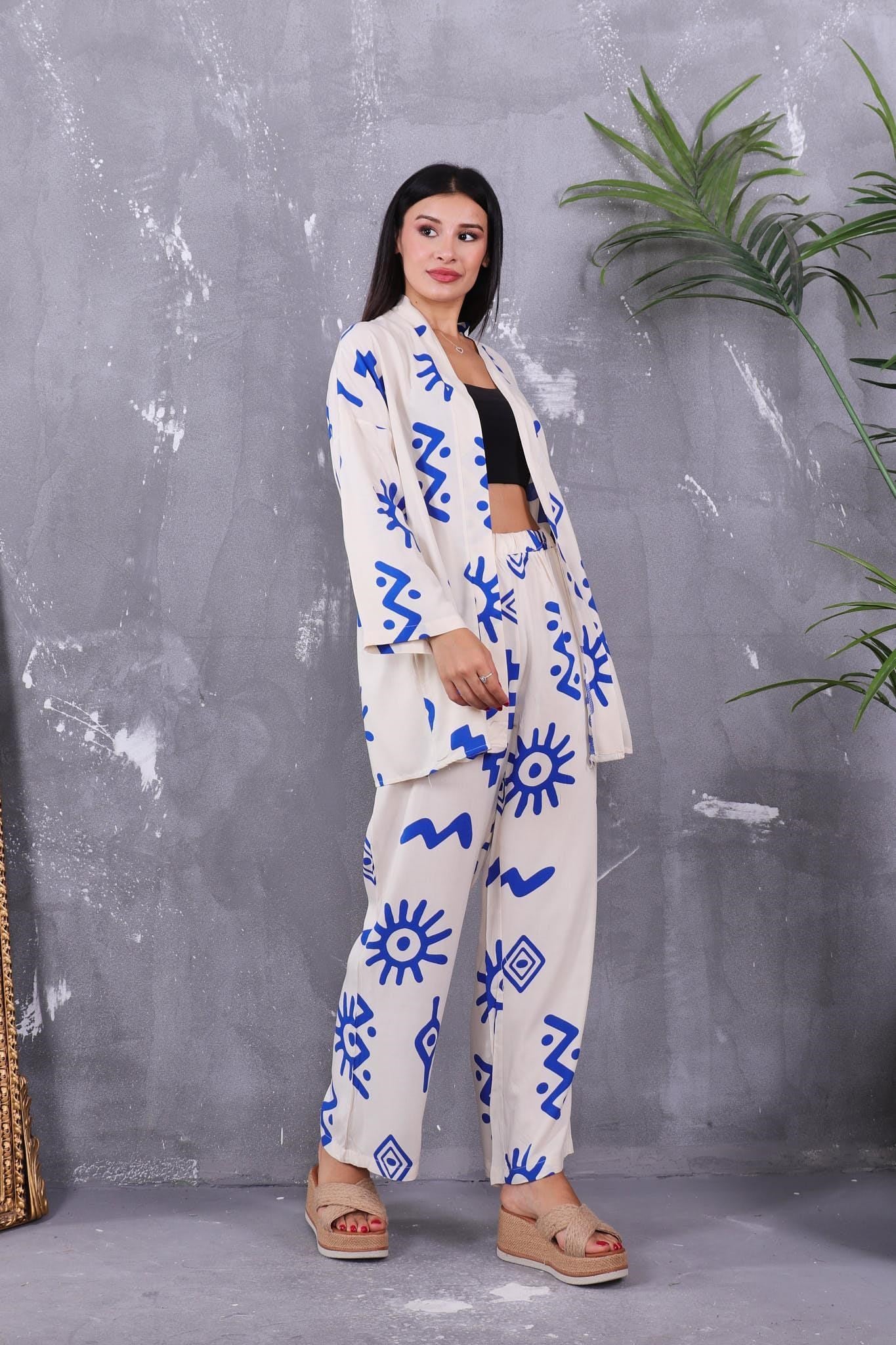 İkili Takım Desenli Kimono Takım
