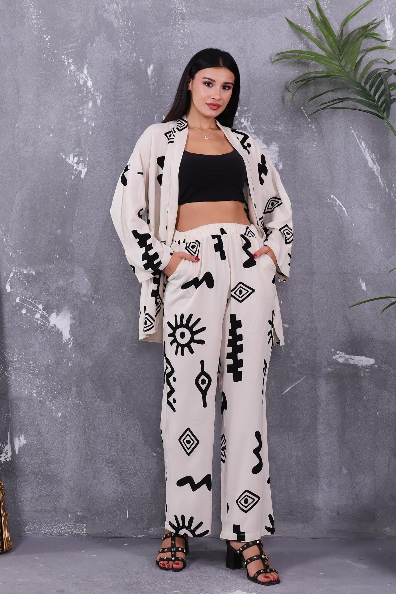 İkili Takım Desenli Kimono Takım