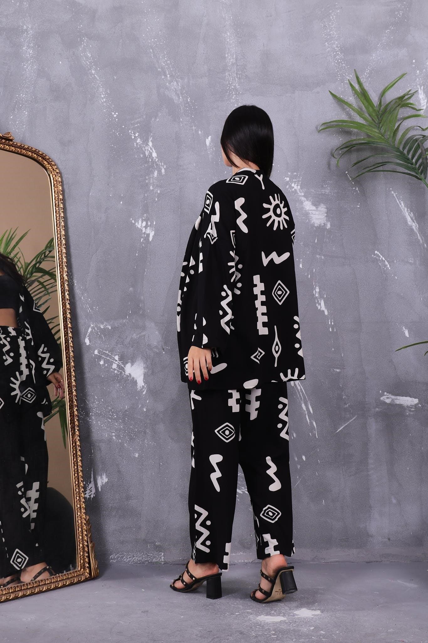 İkili Takım Desenli Kimono Takım