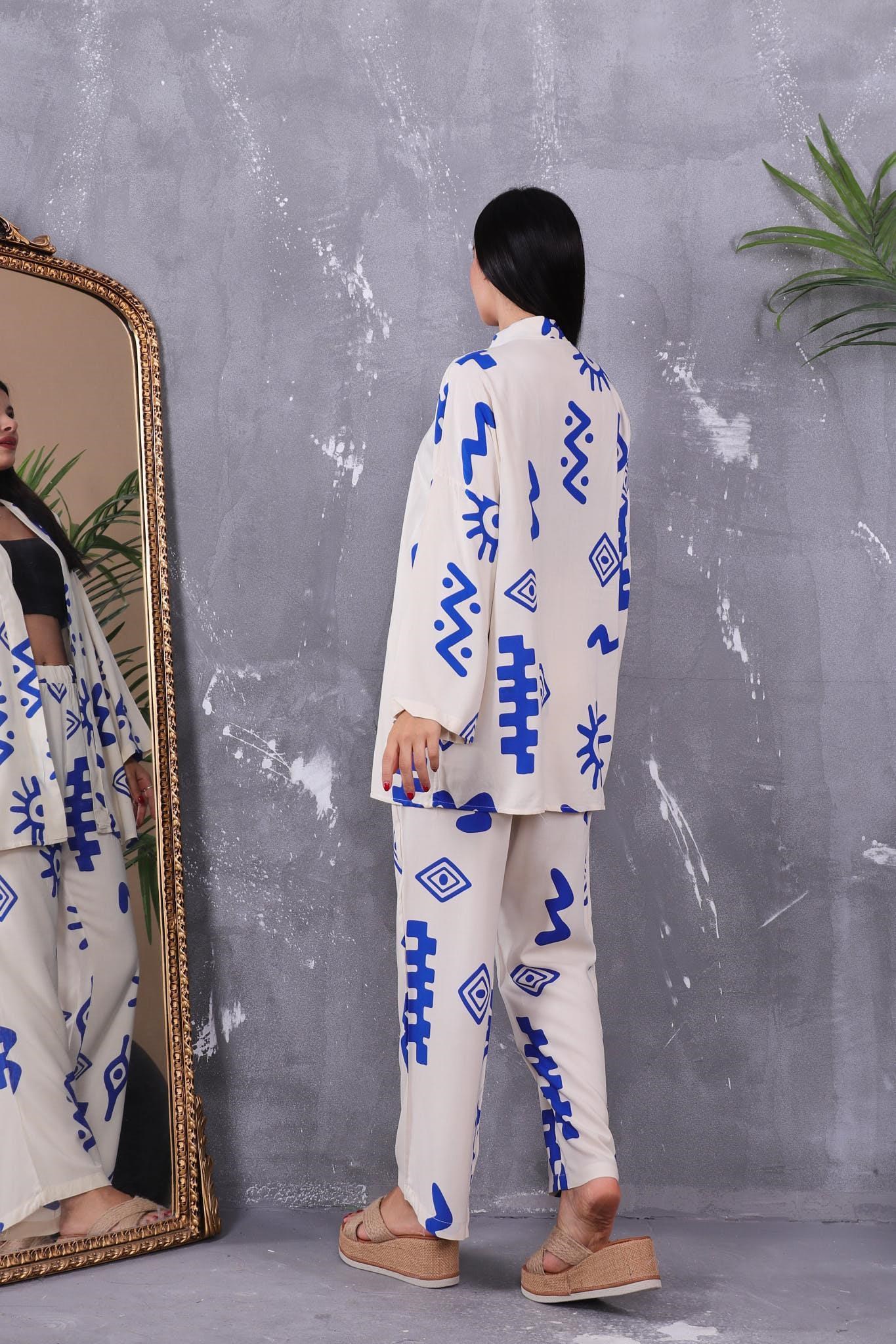 İkili Takım Desenli Kimono Takım