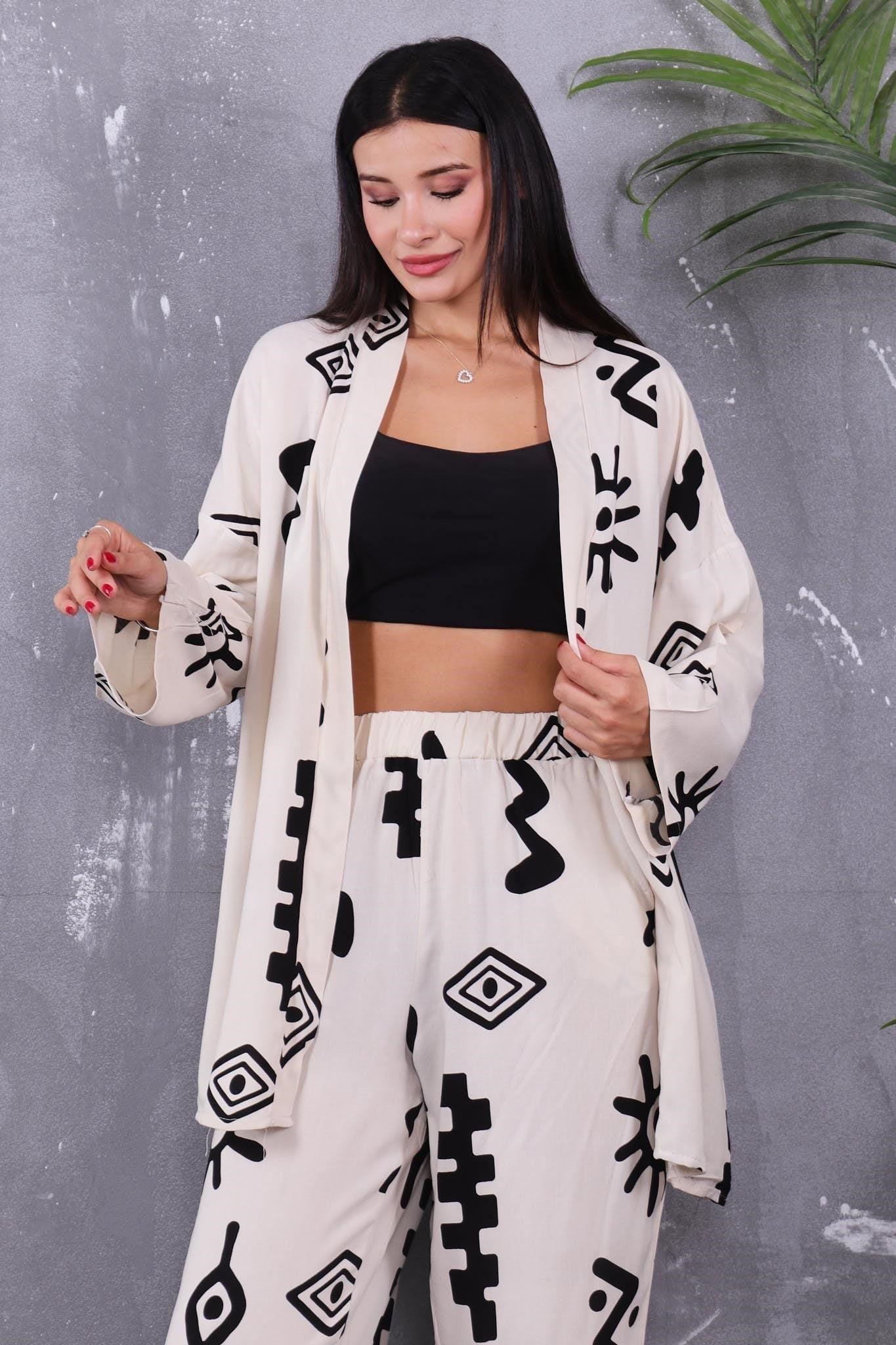 İkili Takım Desenli Kimono Takım