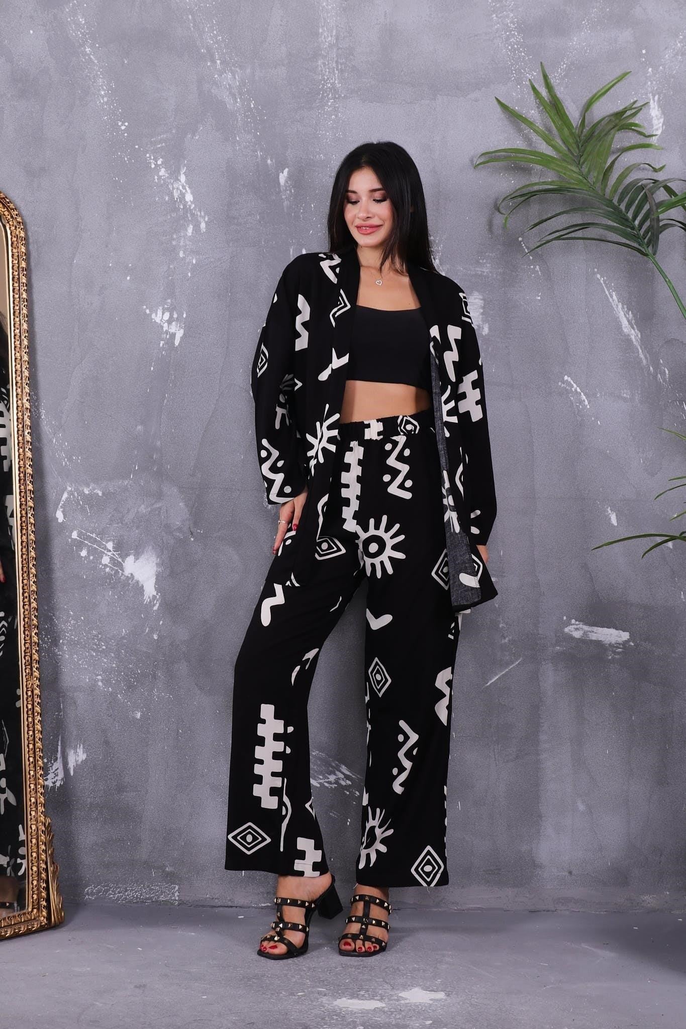 İkili Takım Desenli Kimono Takım