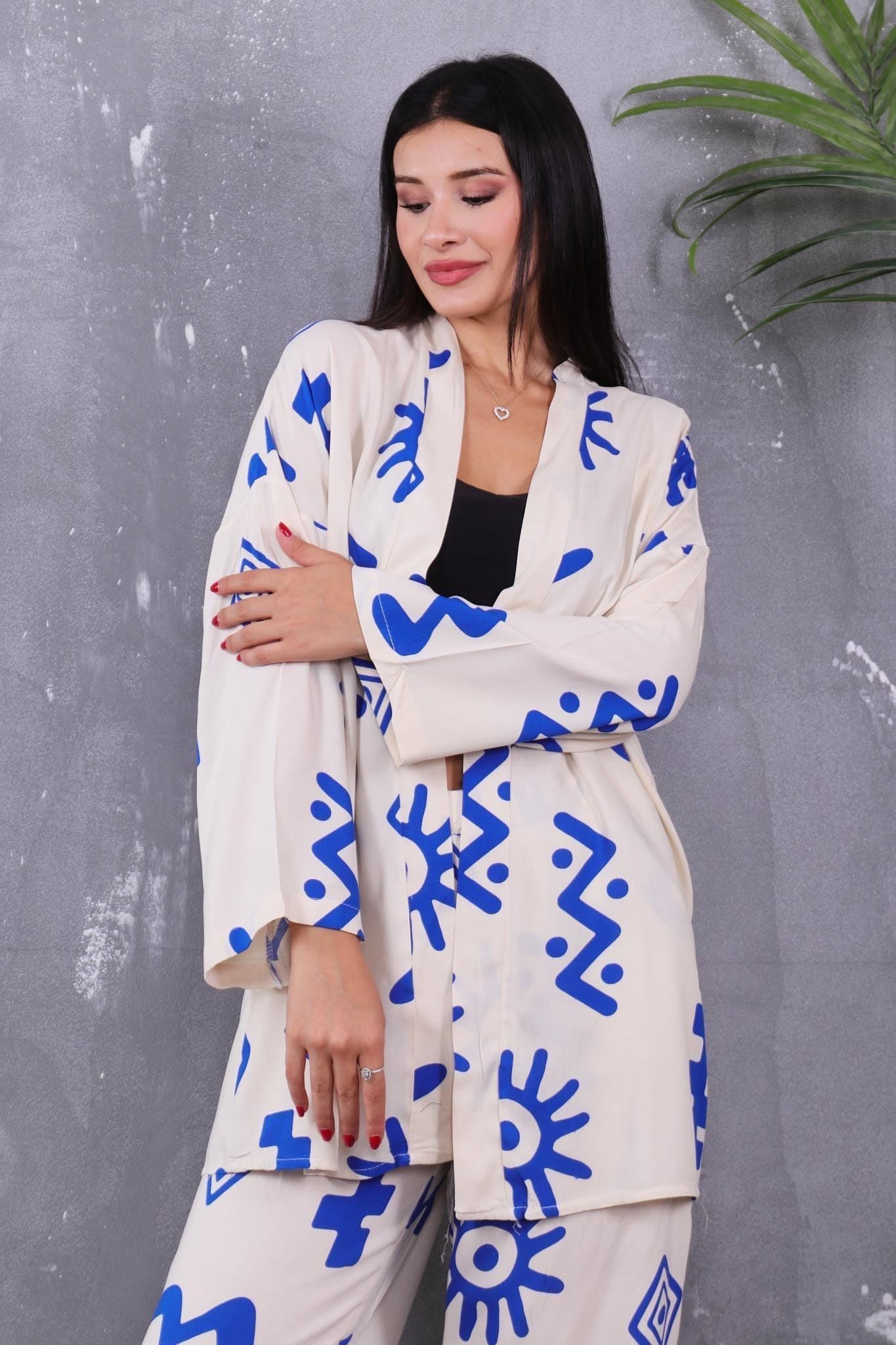 İkili Takım Desenli Kimono Takım