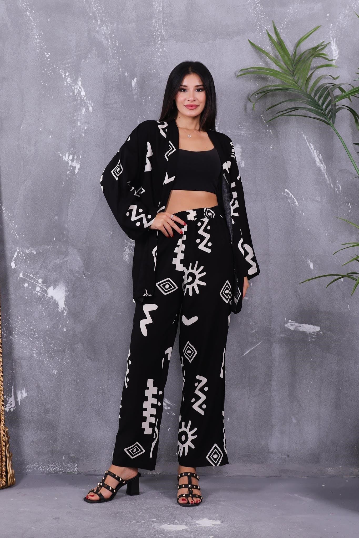 İkili Takım Desenli Kimono Takım