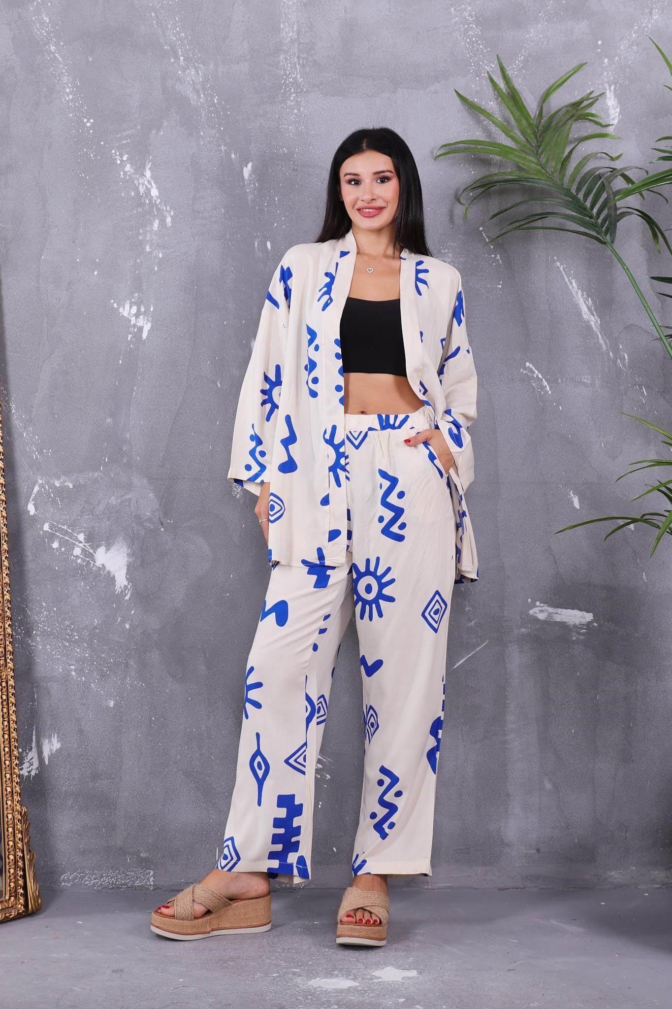 İkili Takım Desenli Kimono Takım