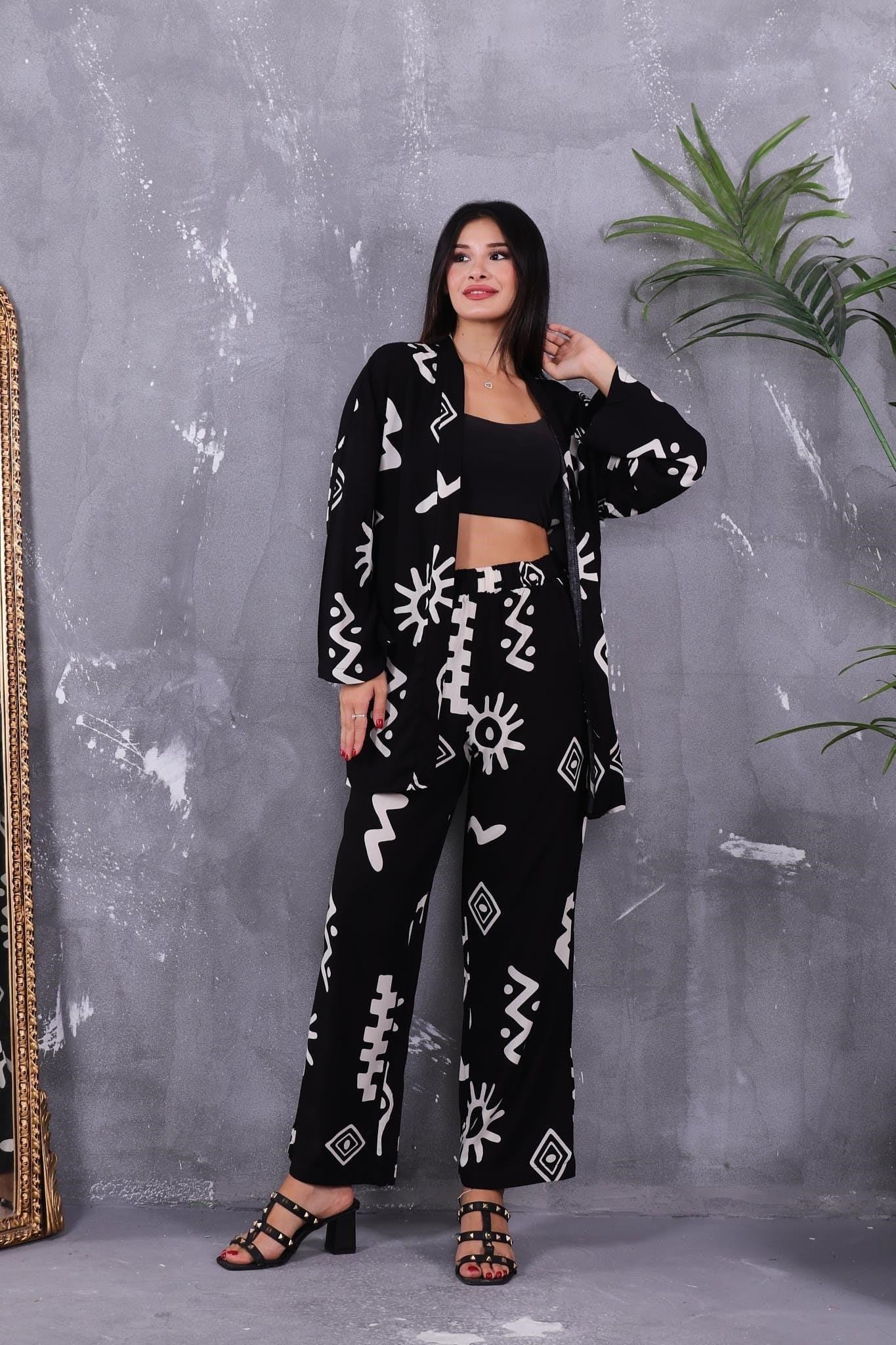 İkili Takım Desenli Kimono Takım