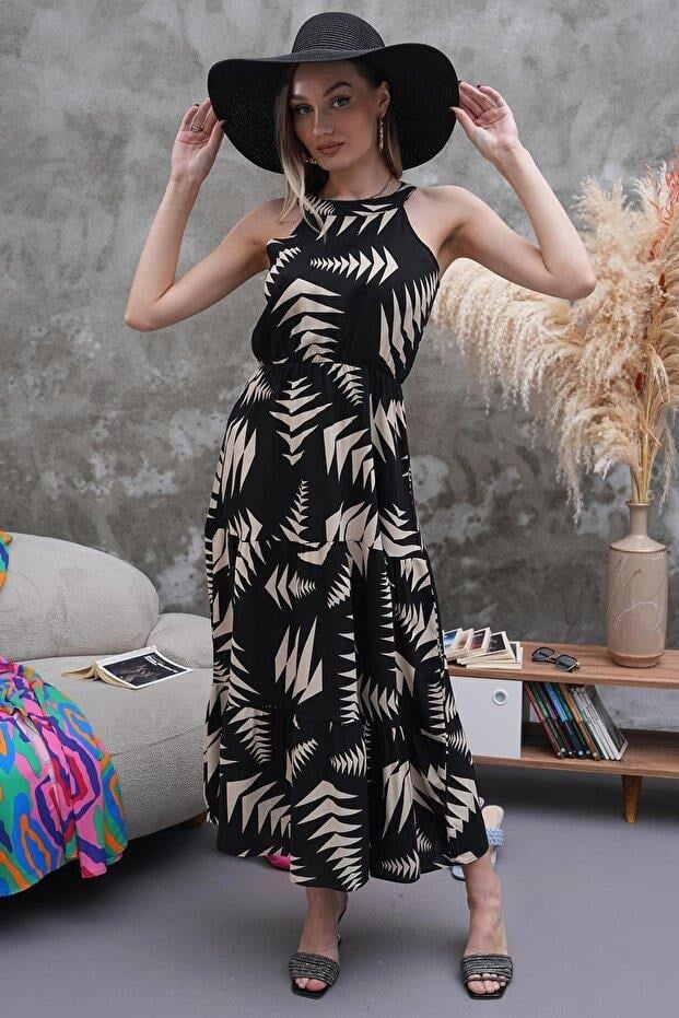 Elbise Halter Yaka Beli Lastikli Kloş Elbise