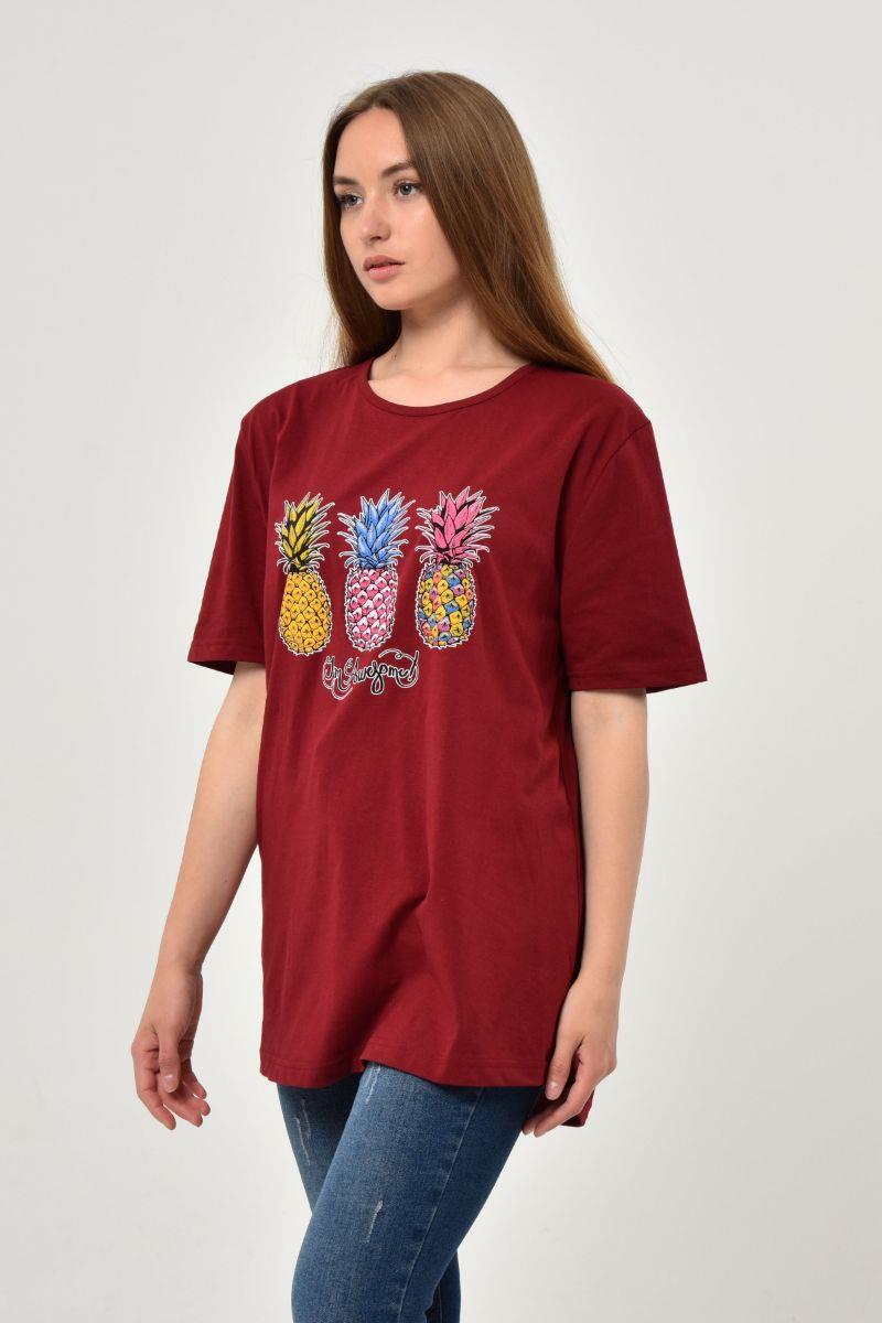 Tshirt Kadın Ananas Baskılı Oversize T-Shirt Bordo